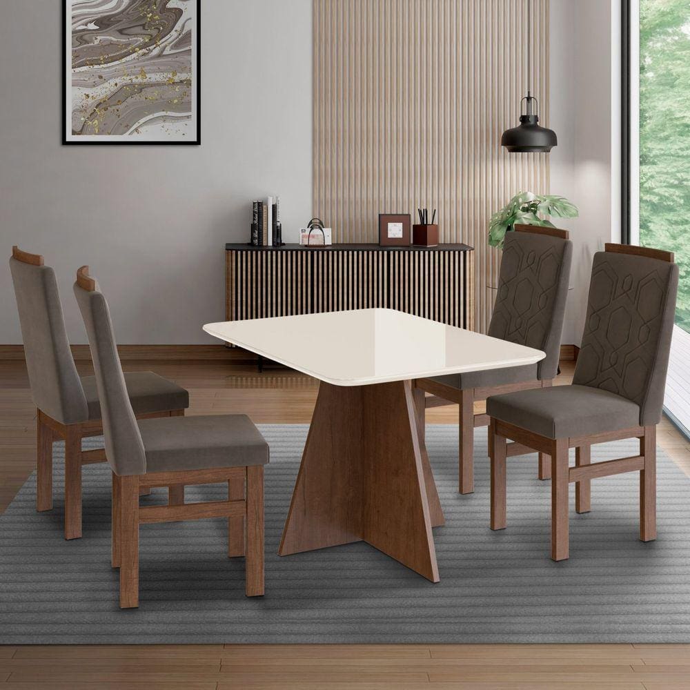 Conjunto Sala de Jantar Mesa 90x120cm T Vidro com 4 Cadeiras Madeira Maciça Marrom/Marrom/Off White