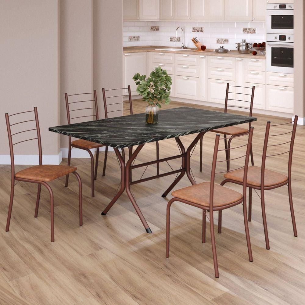 Conjunto Sala de Jantar Mesa Retangular 140x75cm Tampo Ardósia Indiana 6 Cadeiras Rio C. Marrom / Marrom