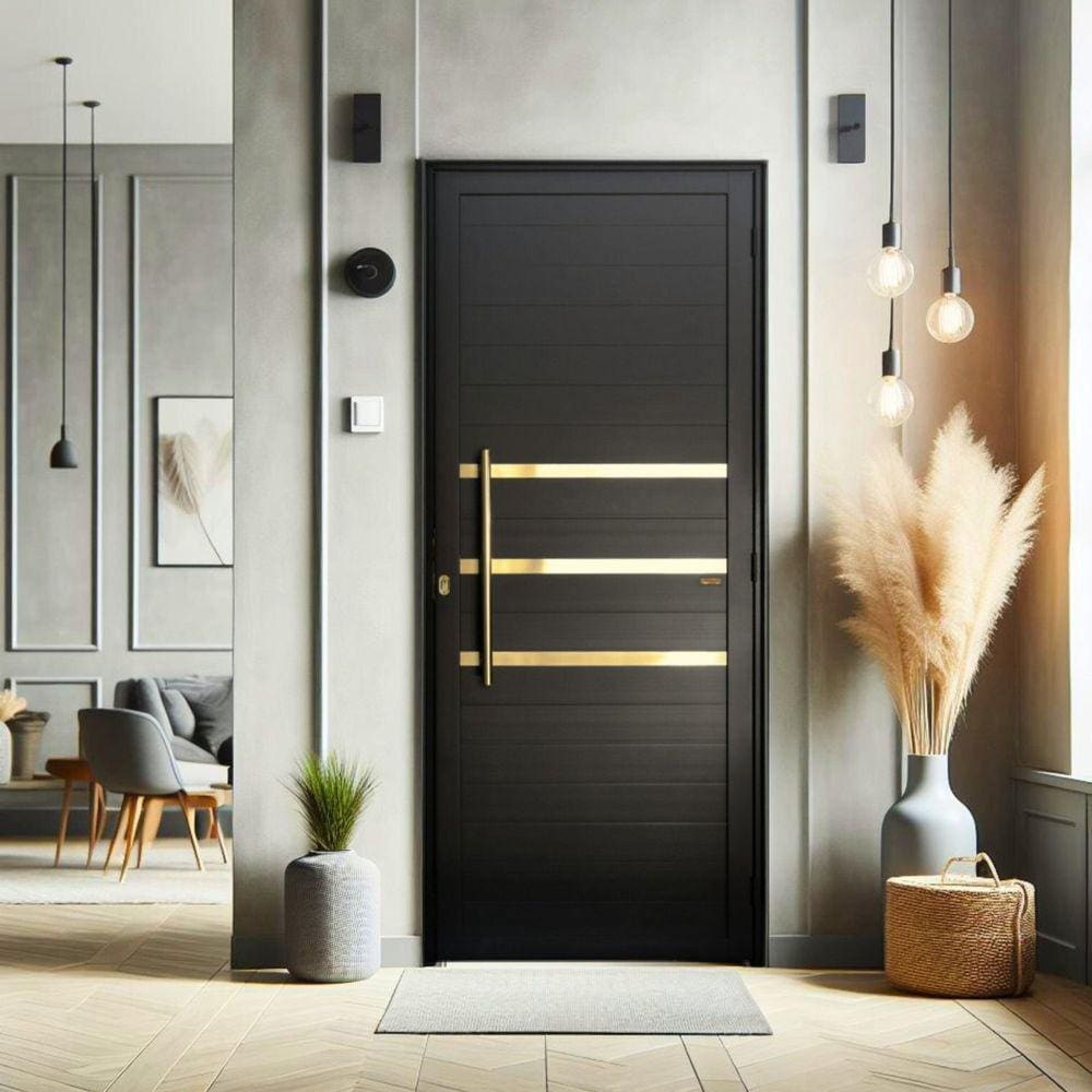 Porta de Aluminio Lambril 210x90cm Frisada com Puxador Super Brimak Preto Dourado