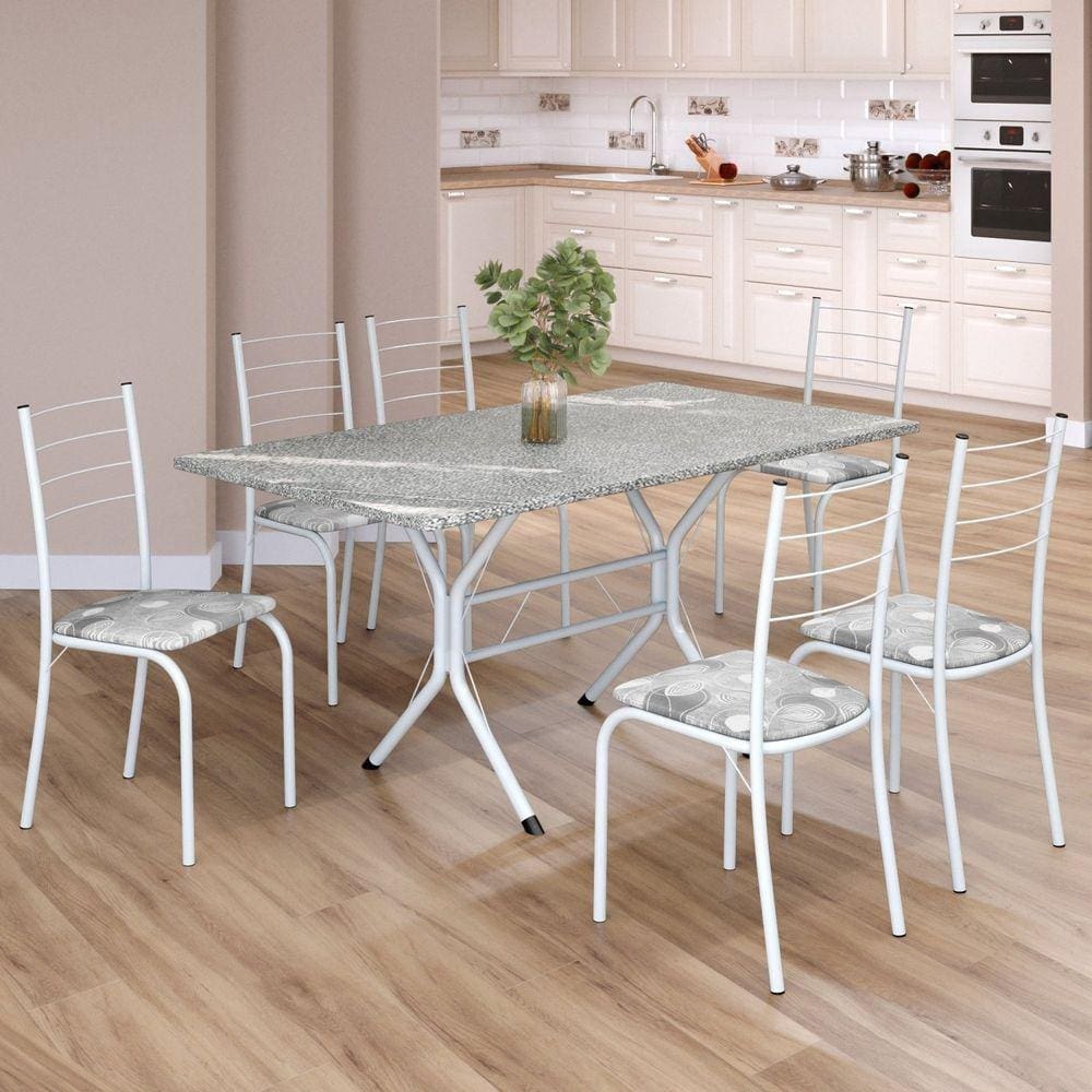 Conjunto Sala de Jantar Mesa Retangular 140x75cm Tampo Granito Topázio 6 Cadeiras Rio Paraopeba / Branco
