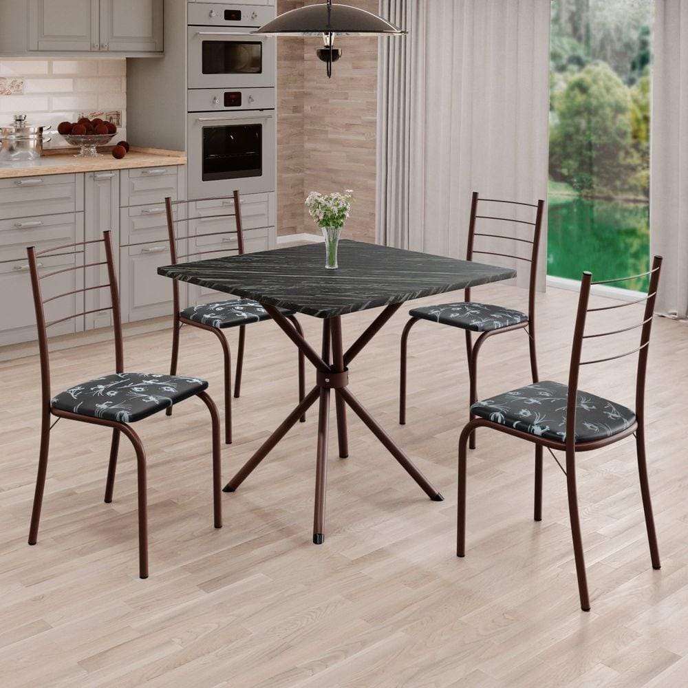 Conjunto Sala de Jantar Mesa Quadrada 70x70cm Tampo Madeira Mdp Indiana 4 Cadeiras Rio Preto Floral / Marrom