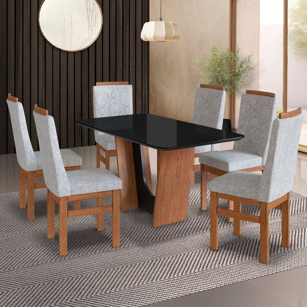 Conjunto Sala de Jantar Mesa 90x160cm T Vidro com 6 Cadeiras Madeira Maciça Tecido Joli Canela/ Cinza/ Preto