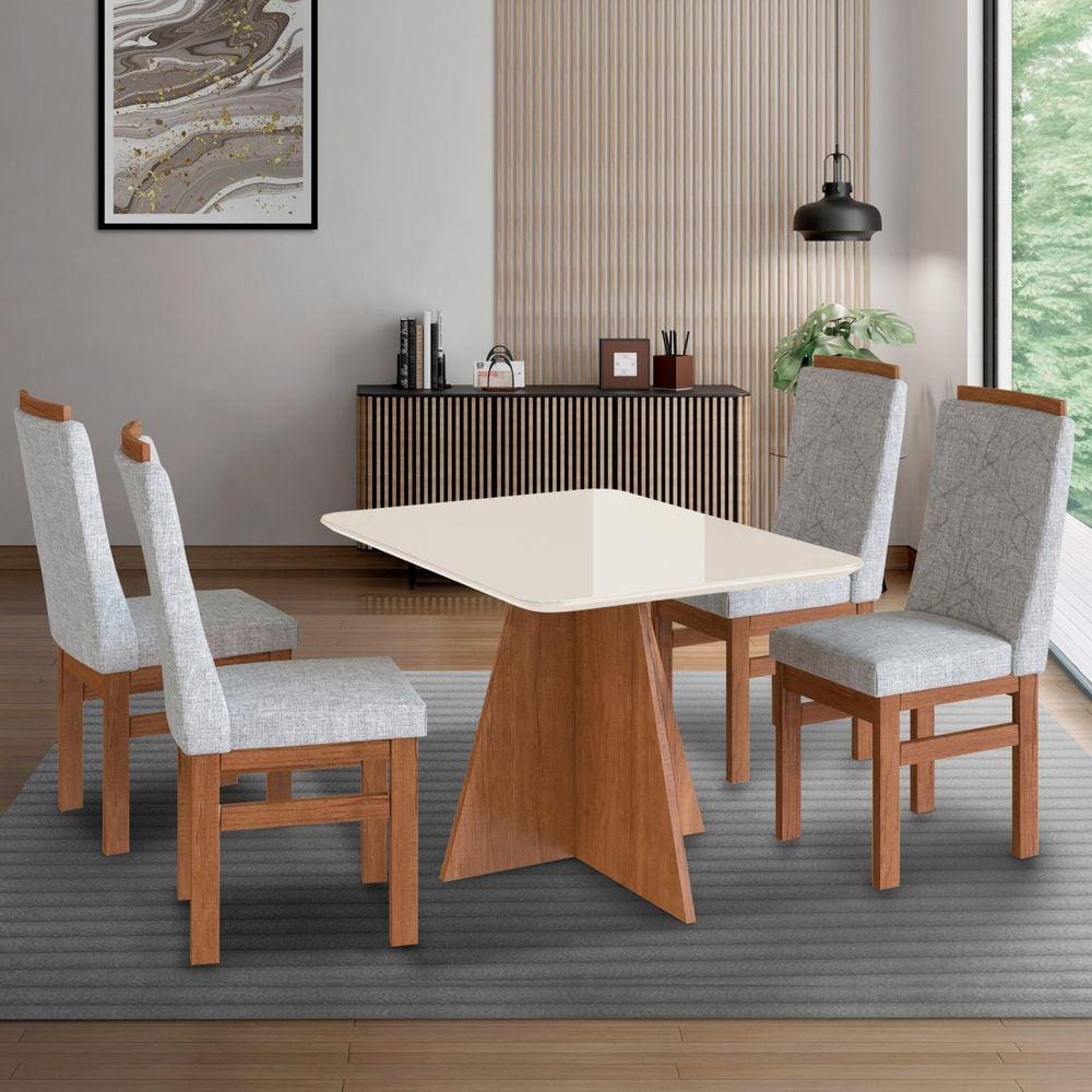 Conjunto Sala de Jantar Mesa 90x120cm Tampo Vidro com 4 Cadeiras Madeira Maciça Canela/Cinza/Off White
