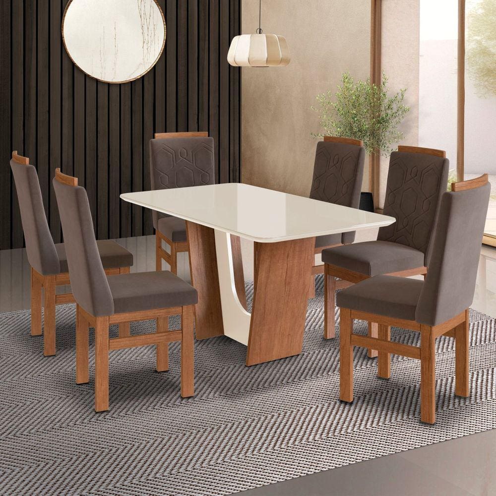 Conjunto Sala de Jantar Mesa 90x160cm T Vidro com 6 Cadeiras Madeira Maciça Tecido Joli Canela/joli Marrom/off White
