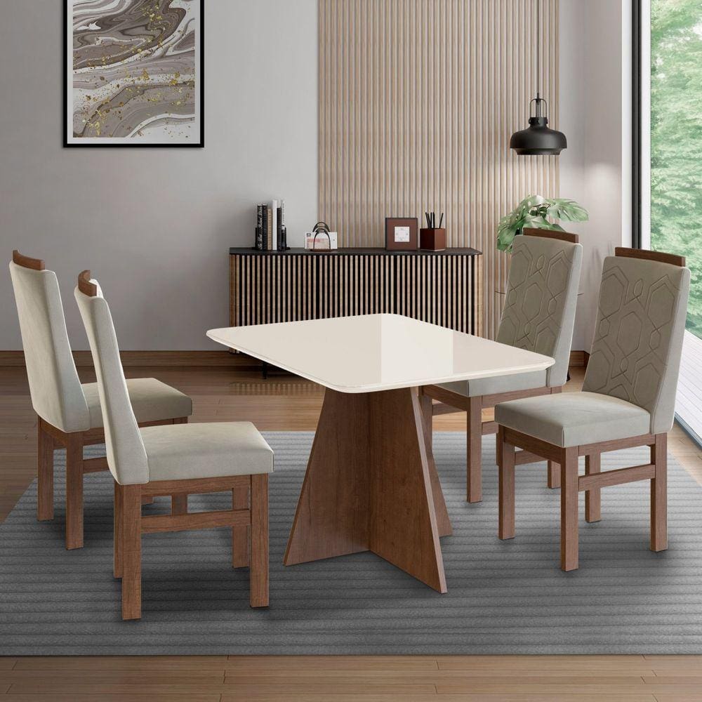 Conjunto Sala de Jantar Mesa 90x120cm T Vidro com 4 Cadeiras Madeira Maciça Canela/Off White/Creme