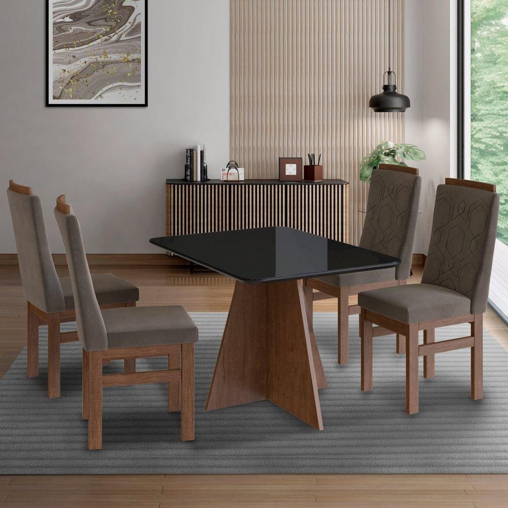 Conjunto Sala de Jantar Mesa 90x120cm T Vidro com 4 Cadeiras Madeira Maciça Tecido Joli Marrom/ Joli Marrom