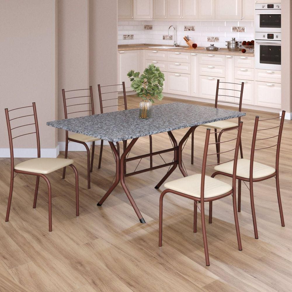 Conjunto Sala de Jantar Mesa Retangular 140x75cm Tampo Granito Ocre 6 Cadeiras Rio Creme / Marrom