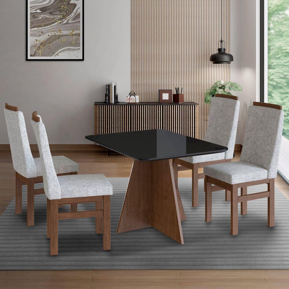 Conjunto Sala de Jantar Mesa 90x120cm T Vidro com 4 Cadeiras Madeira Maciça Tecido Joli Marrom/vidro Preto