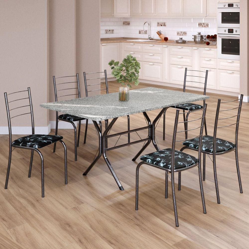 Conjunto Sala de Jantar Mesa Retangular 140x75cm Tampo Granito Topázio 6 Cadeiras Rio Preto Floral / Mart Prata