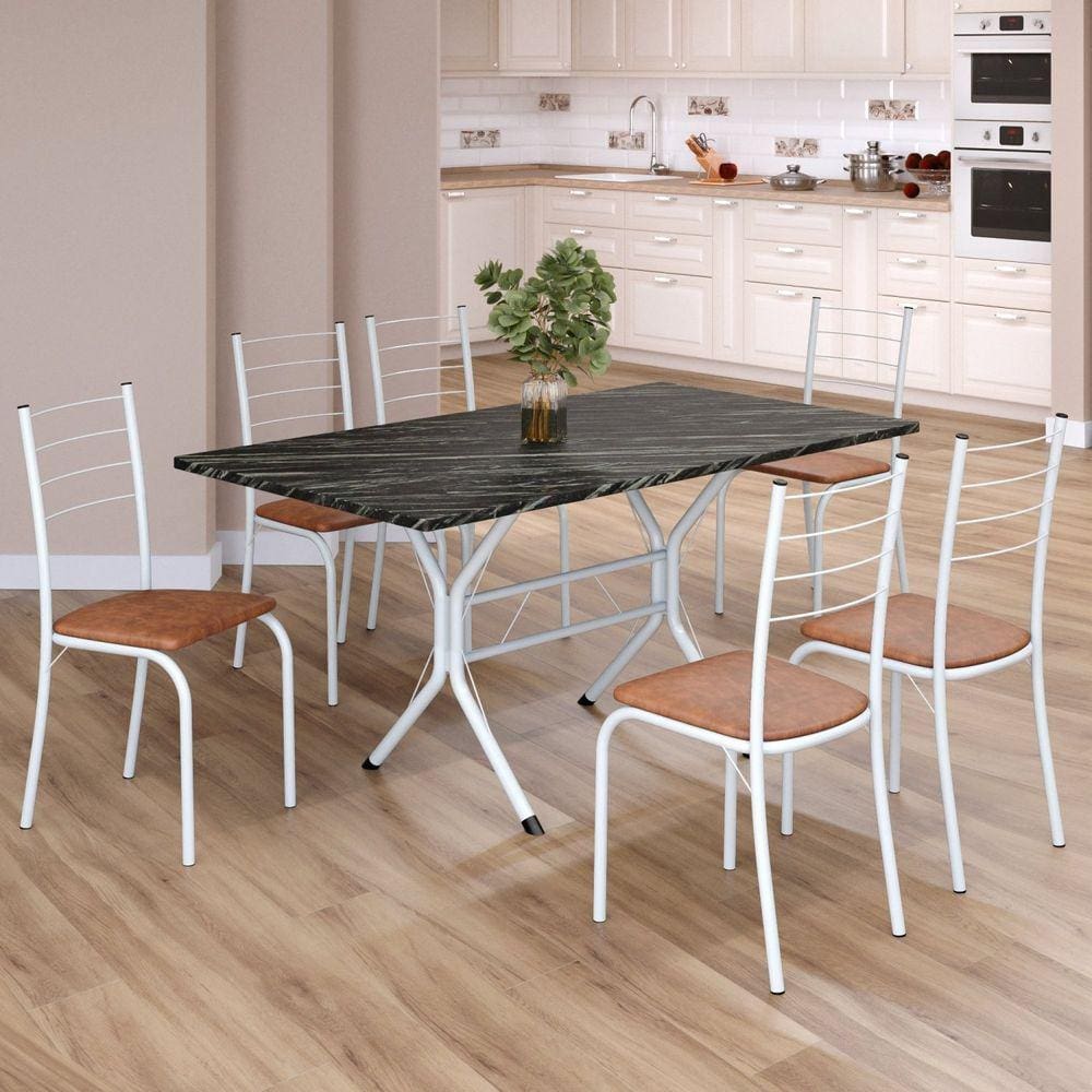 Conjunto Sala de Jantar Mesa Retangular 140x75cm Tampo Ardósia Indiana 6 Cadeiras Rio C. Marrom / Branco