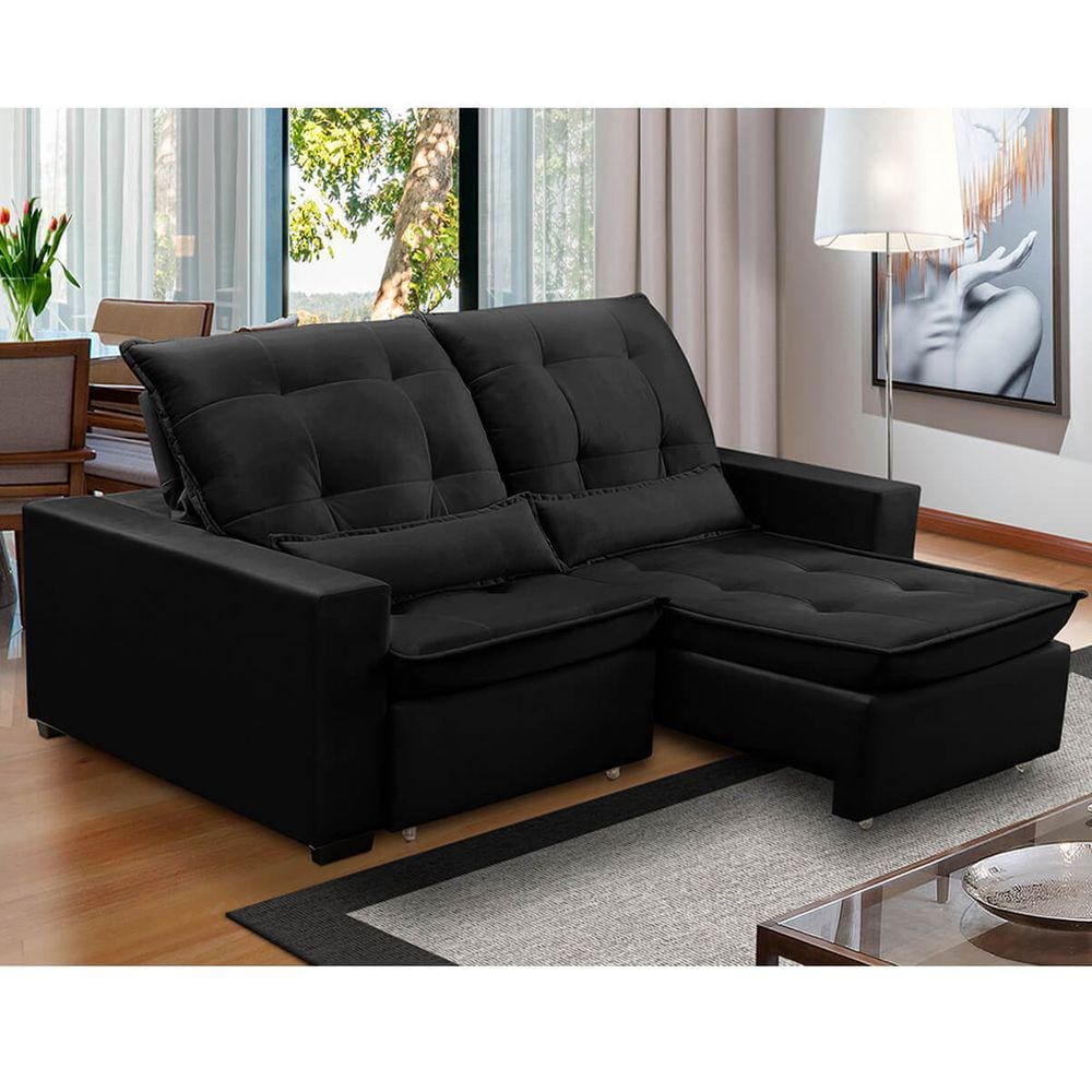 Sofa Retratil Reclinavel 2 Lugares 2,80m Atlantis Veludo Preto LansofBR