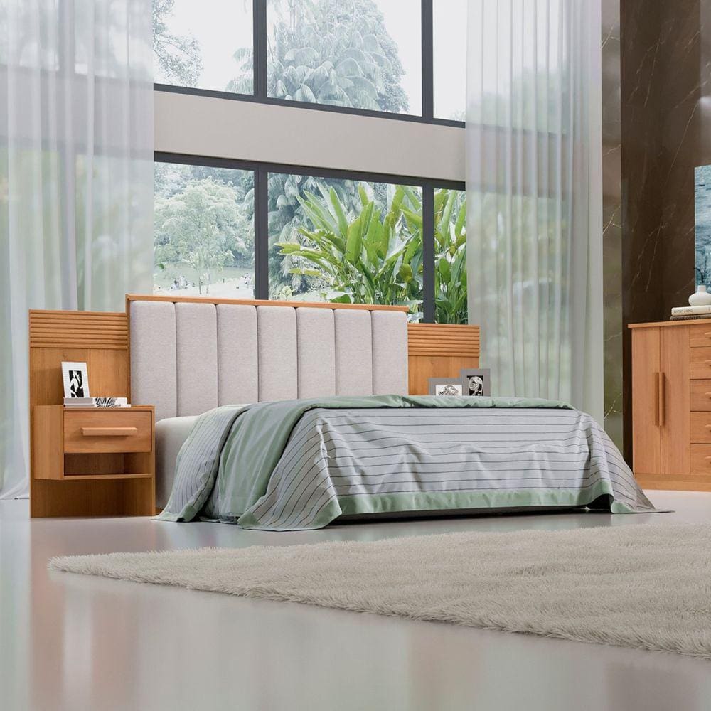 Cabeceira Casal 140cm Ripada 100% Mdf Estofada Isis com 02 Mesas de Cabeceira Cinamomo/Areia