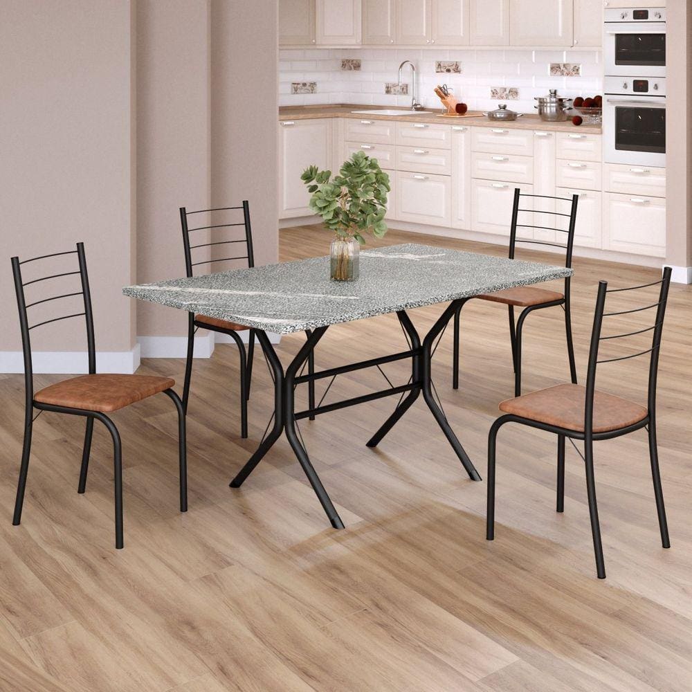 Conjunto Sala de Jantar Mesa Retangular 120x75cm Tampo Granito Topázio 4 Cadeiras Rio C. Marrom / Preto Fosco