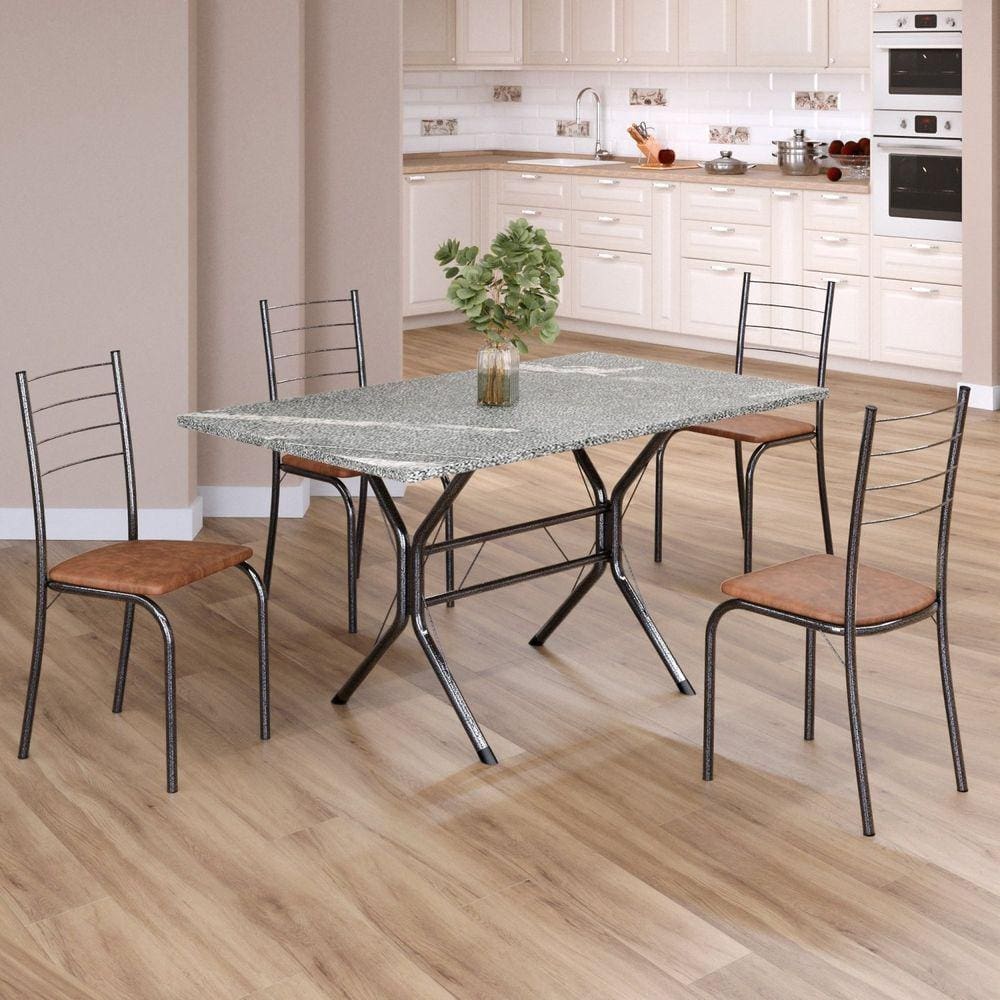 Conjunto Sala de Jantar Mesa Retangular 120x75cm Tampo Granito Topázio 4 Cadeiras Rio C. Marrom / Mart Prata