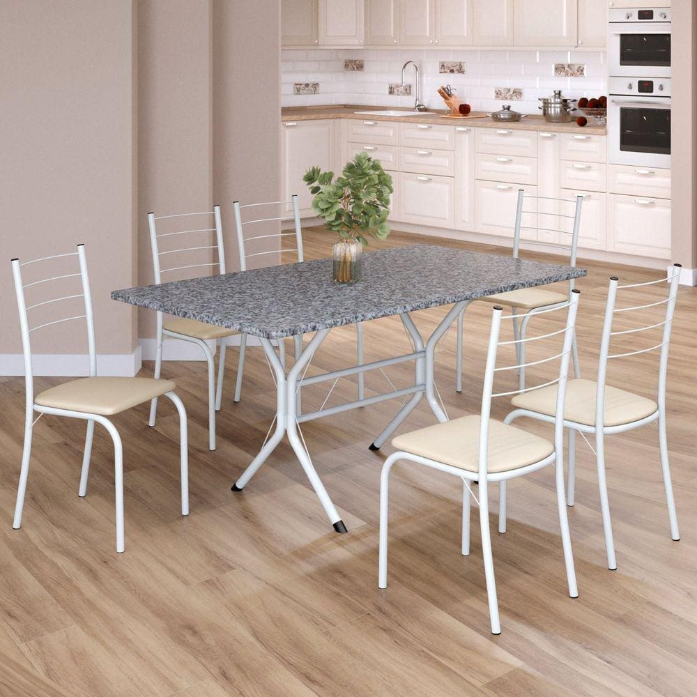 Conjunto Sala de Jantar Mesa Retangular 140x75cm Tampo Granito Ocre 6 Cadeiras Rio Creme / Branco