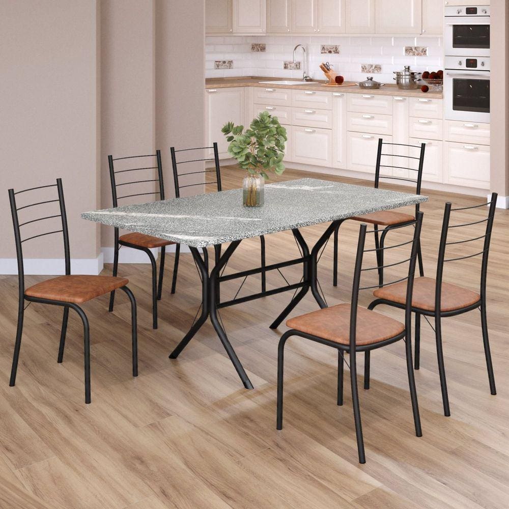 Conjunto Sala de Jantar Mesa Retangular 140x75cm Tampo Granito Topázio 6 Cadeiras Rio C. Marrom / Preto Fosco