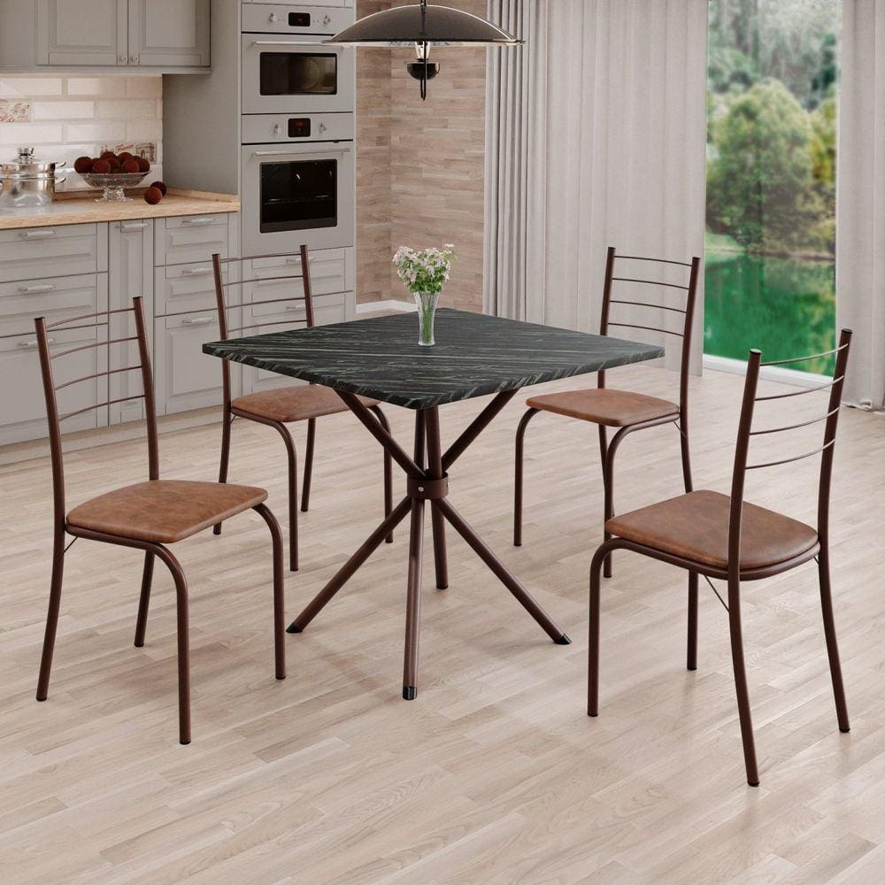 Conjunto Sala de Jantar Mesa Quadrada 70x70cm Tampo Ardósia Indiana 4 Cadeiras Rio Marrom