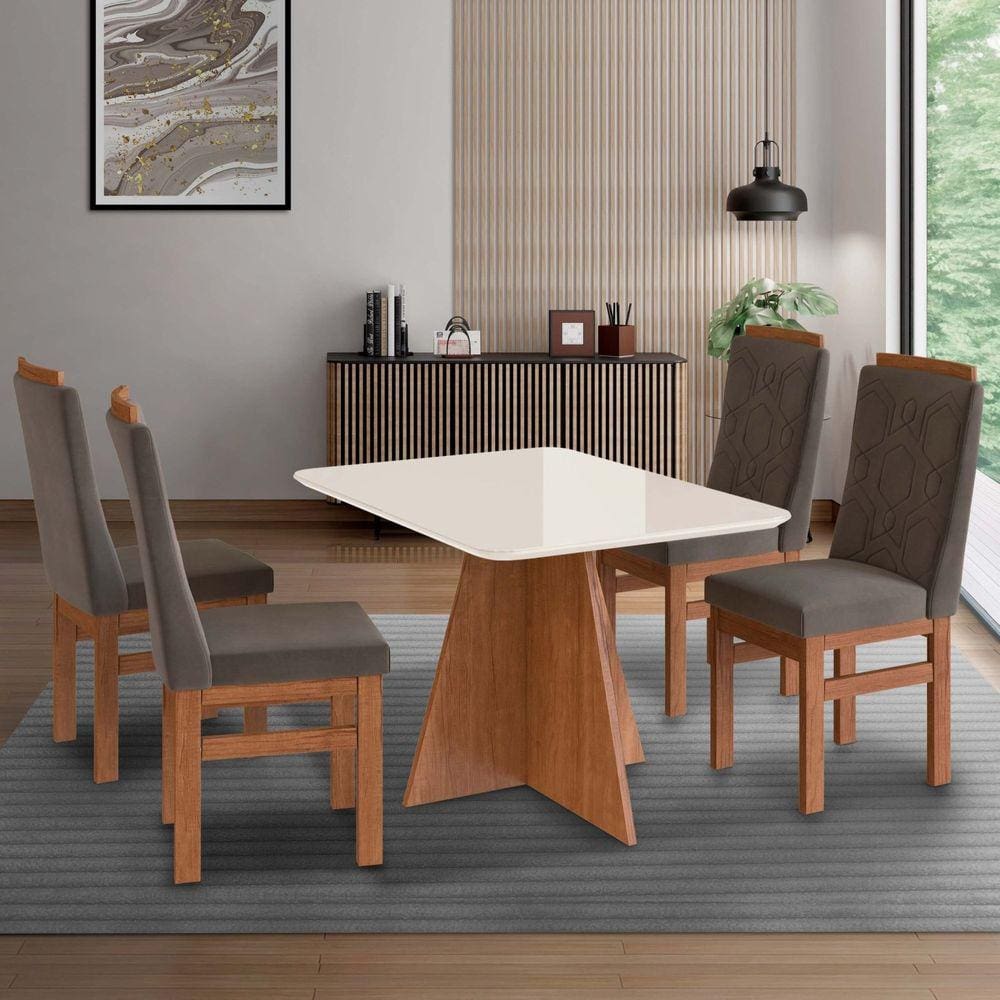 Conjunto Sala de Jantar Mesa 90x120cm Tampo Vidro com 4 Cadeiras Madeira Maciça Cenela/Off White/Marrom