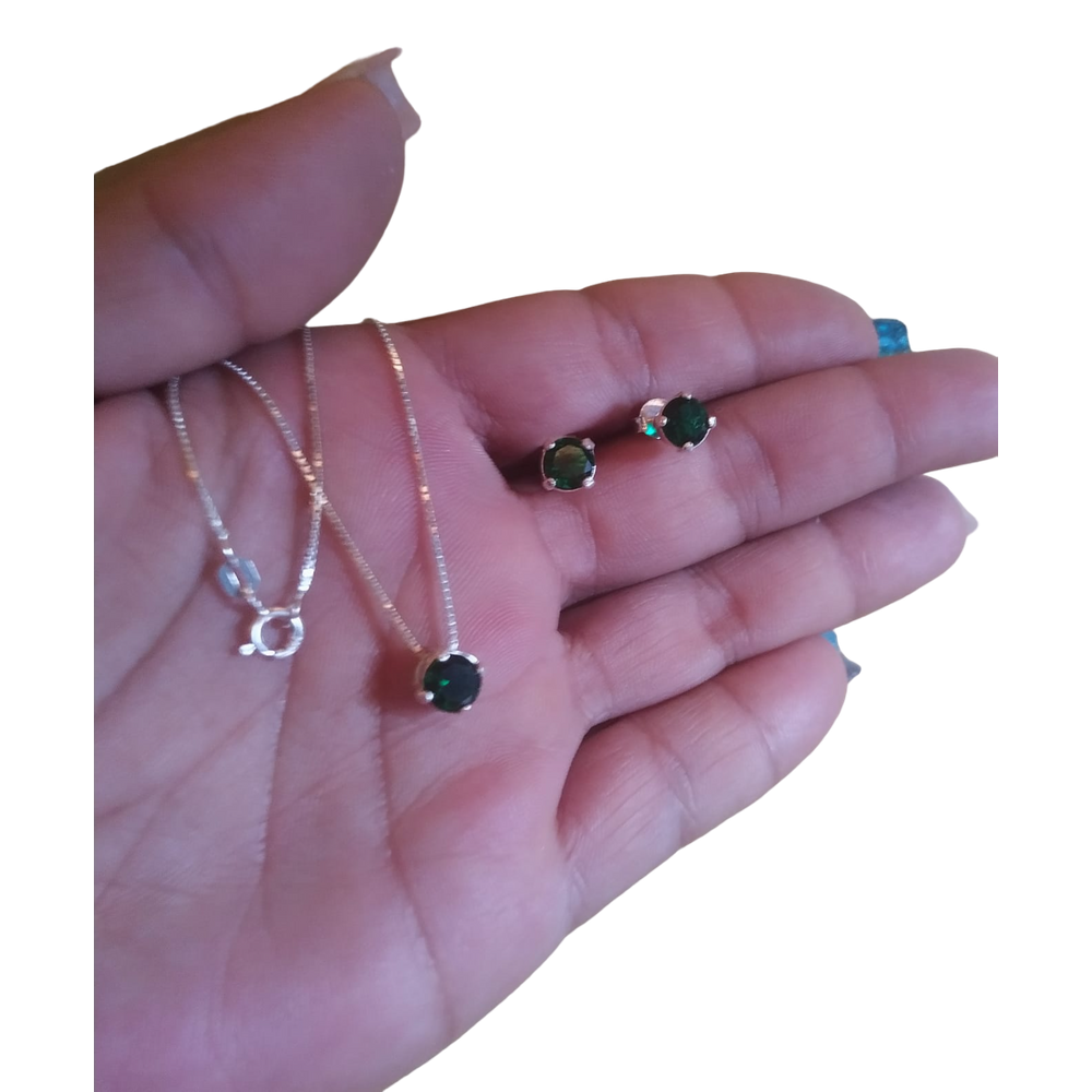 Kit Colar e Brinco Pedra de Zircônia Verde 6mm
