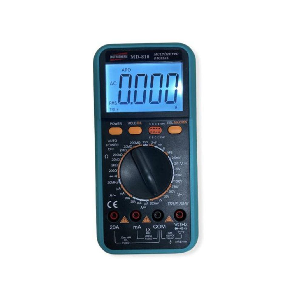 Multímetro Digital Tensão Corrente True Rms Capacitância Diodo Hfe Multi Funções Completo Md-810 Portátil Intrutherm