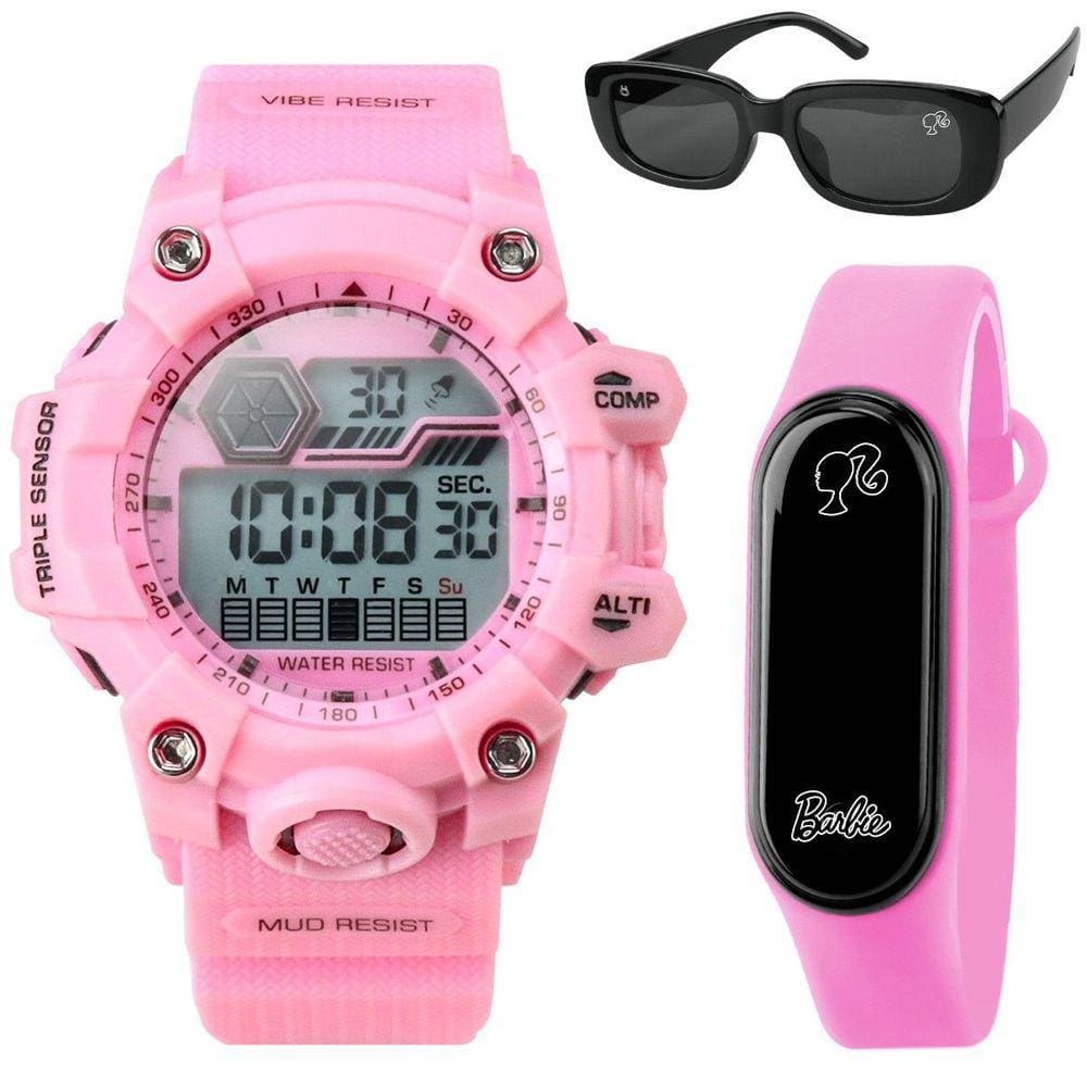 Relogio digital prova dagua rosa led infantil + oculos sol ajustavel silicone data adolescente