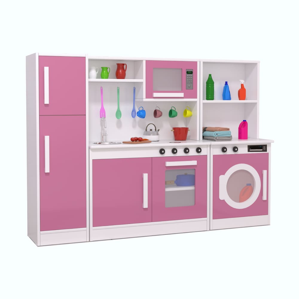 Cozinha Completa Rosa com Geladeira e Maquina de Lavar Roupa