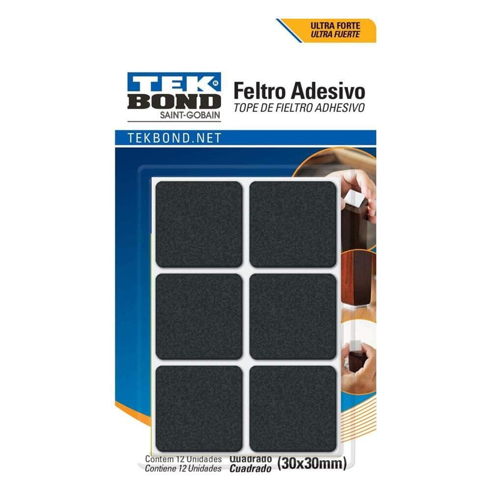 Feltro Adesivo Quadrado Tekbond 30mm Preto Cartela com 12