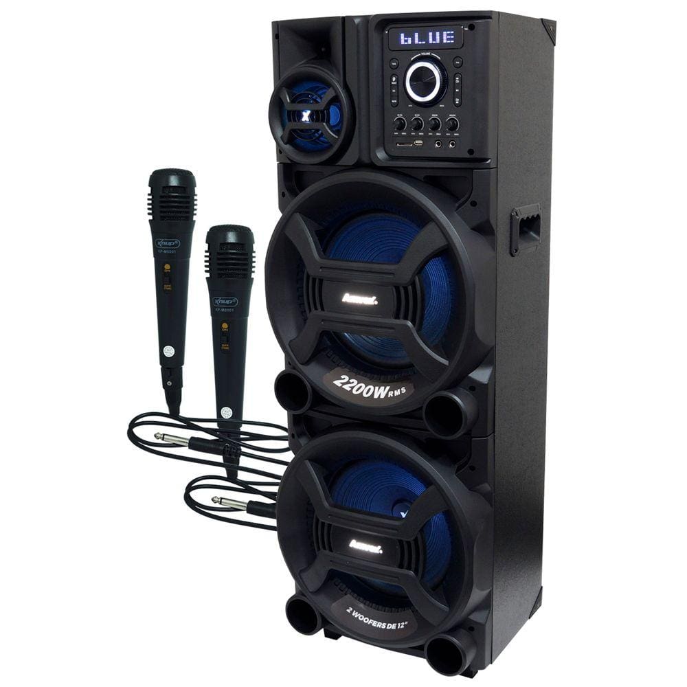 Caixa Som Amplificada Bluetooth 2200W Rms Woofer Usb Mp3 Led Tws ACA 2201 Pesadão Black 2 Microfones