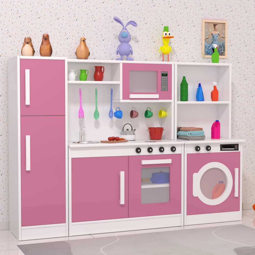 Kit Mini Cozinha Infantil com Geladeira Lavanderia Rosa MDF