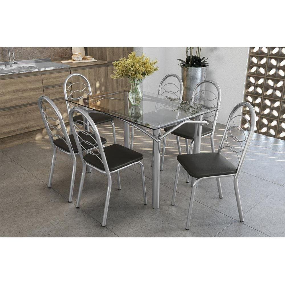 Kit Mesa Elba C- Tampo Vidro 120cm + 6 Cadeiras Holanda Cromado Courano Preto
