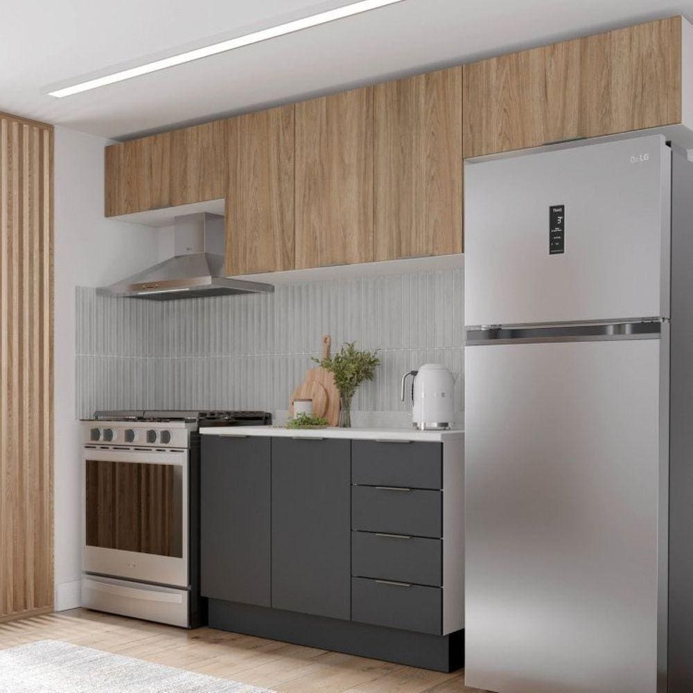 Cozinha Modulada 4 Peças com Tampo e Rodapé 3 Aéreos e 1 Balcão Ipanema Cabecasa Madeiramadeira Grafite Trama/Acácia
