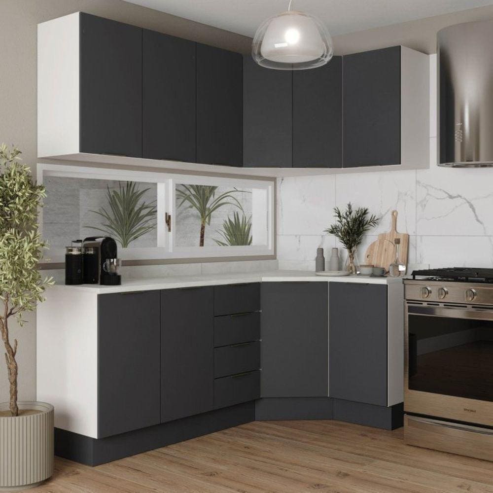 Cozinha Modulada 6 Peças com Tampo e Rodapé 3 Aéreos e 3 Balcões Ipanema Cabecasa Madeiramadeira Grafite Trama