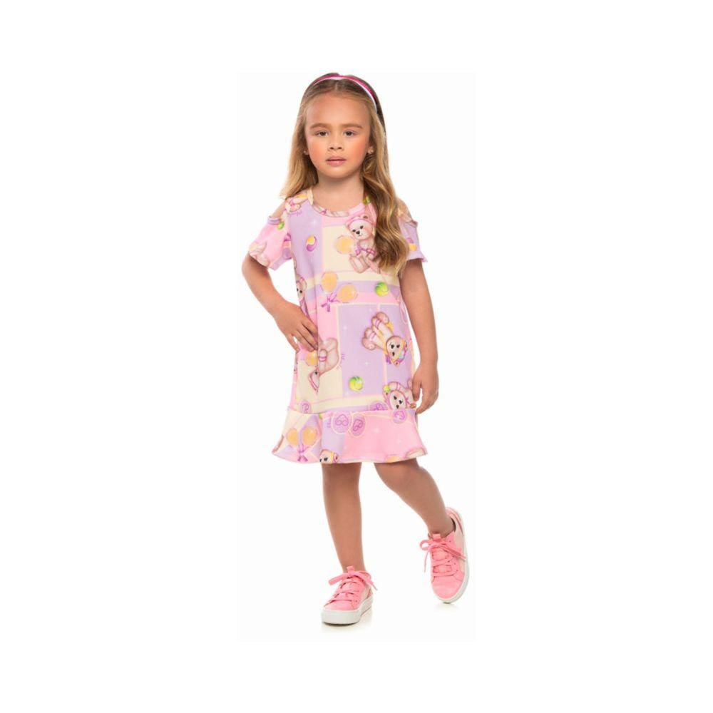 Vestido Infantil Verao Munlie Rosa Lilas Urso tam 4