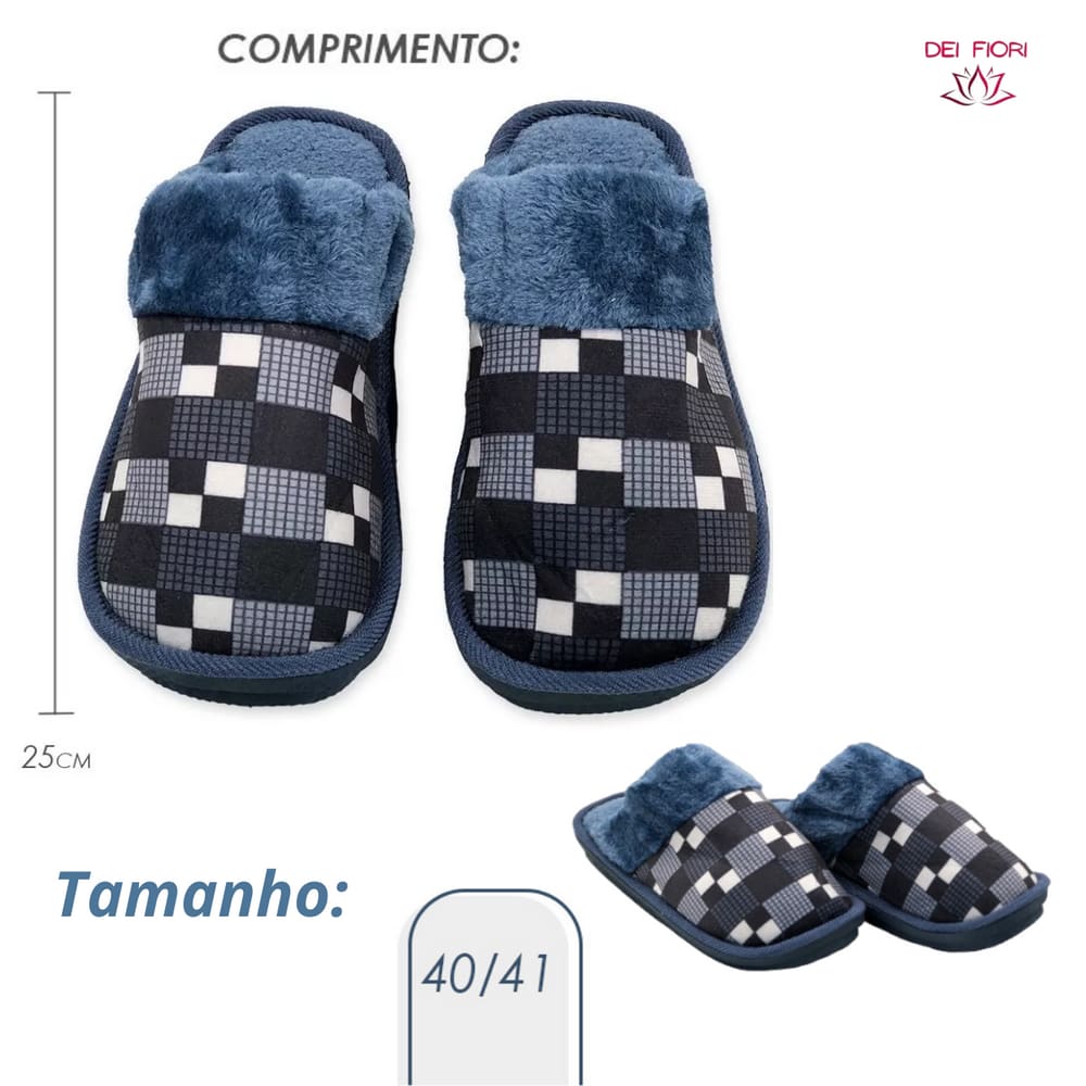Pantufa Xadrez Unisex Masculina Feminina Antiderrapante Chinelo De Quarto Pelúcia Confortável