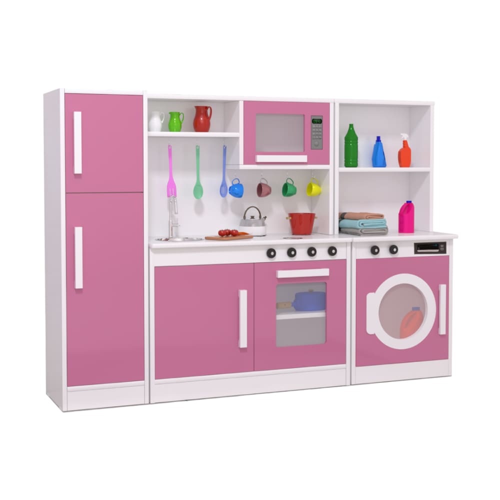 Mini Cozinha Completa Infantil com Lavanderia Rosa em MDF