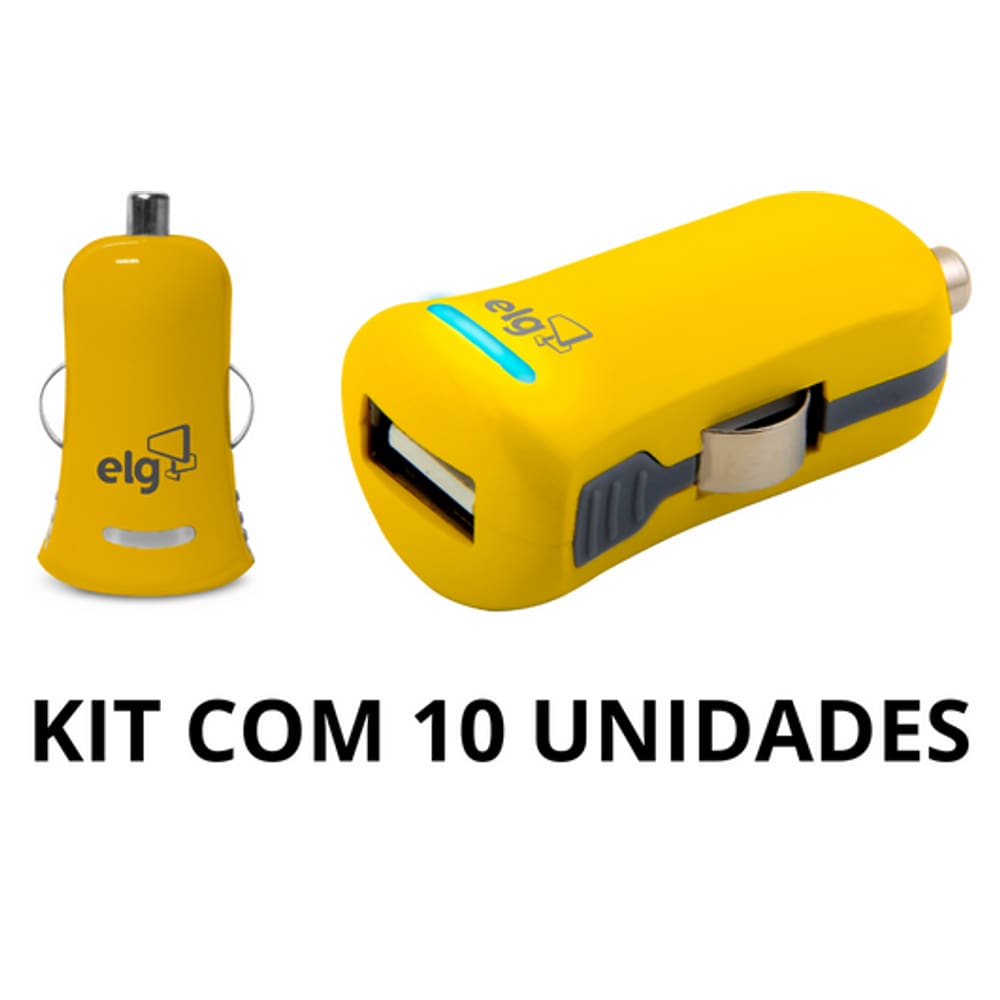 KIT com 10 Carregadores Veicular Universal USB Amarelo - ELG
