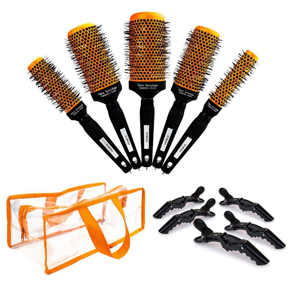 Kit 5 Escovas Profissionais + Bolsa + 12 Presilhas Crocodilo