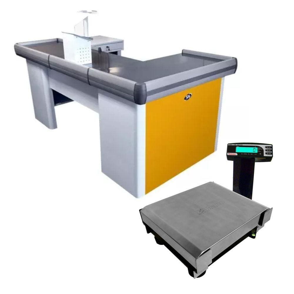 Caixa Supermercado Empacotador Amarelo 2m Check Out e Balança BIVOLT 30kg Urano
