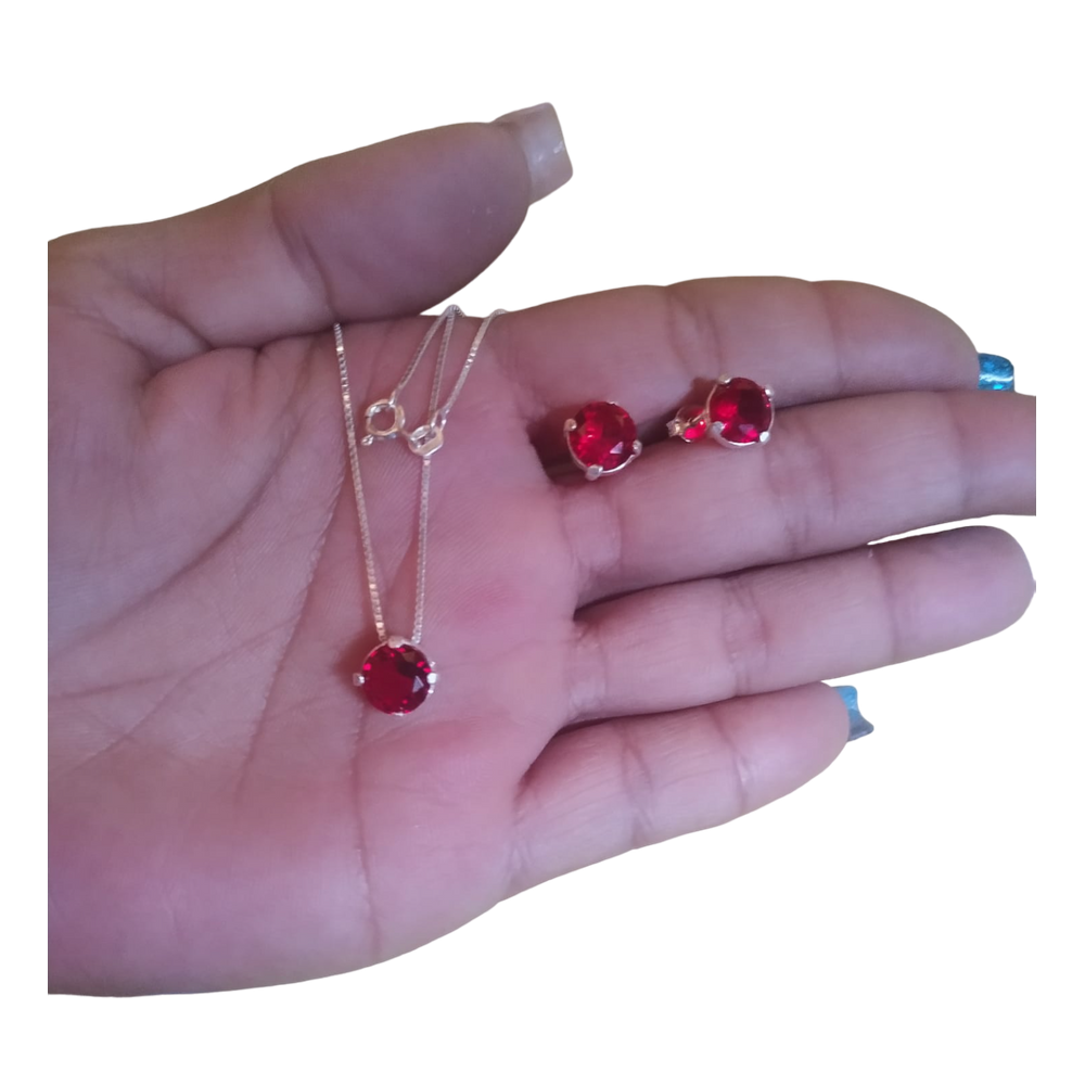 Kit Colar e Brinco Pedra de Zircônia Vermelha 6mm
