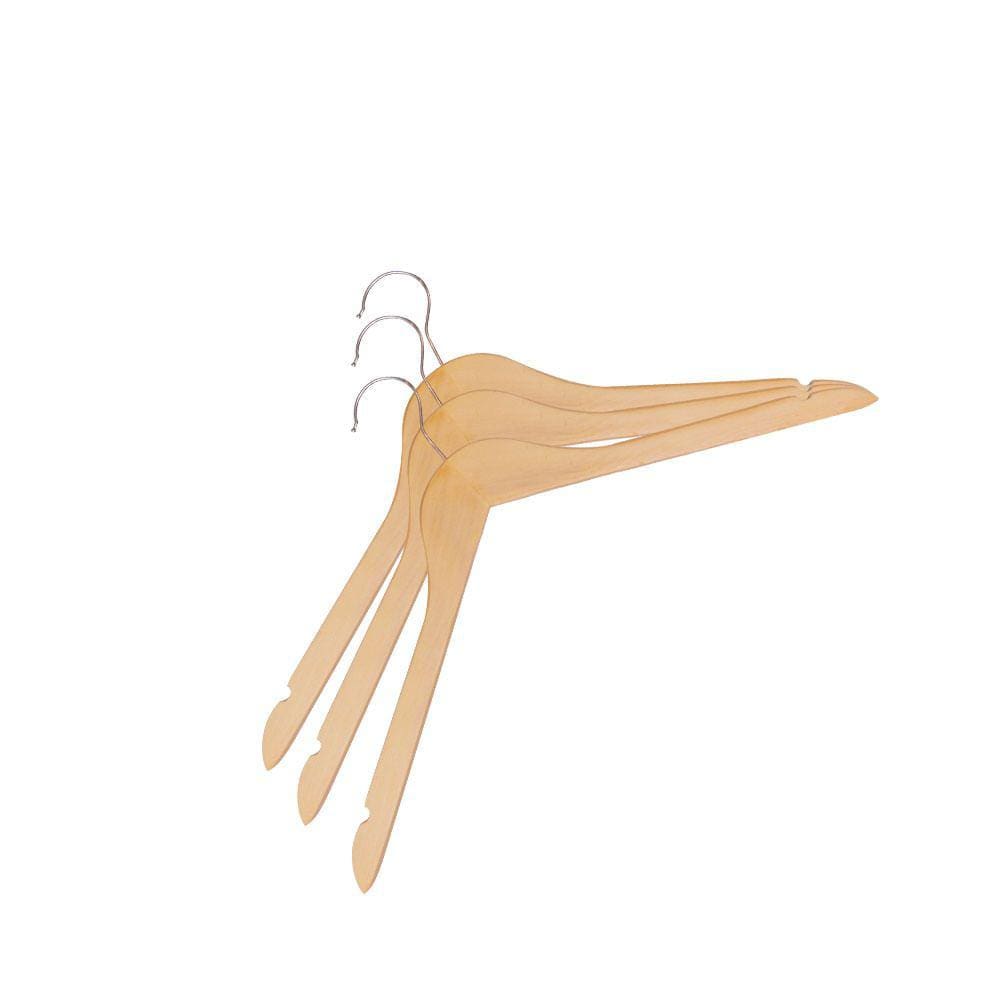 Kit Cabide De Madeira Vizapi Adulto Wood com 3 44x22 cm Camisa Natural