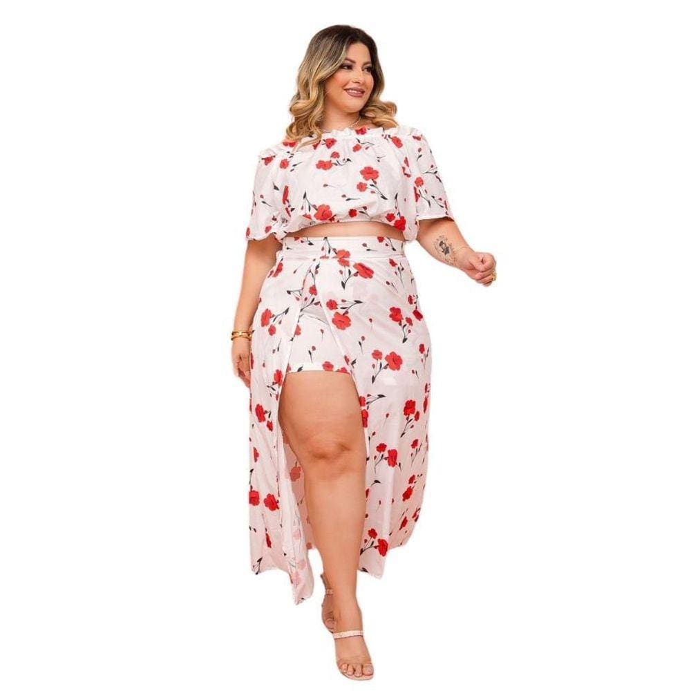 Conjunto Plus Size Cropped + Short Saia Longa com Fenda 0459