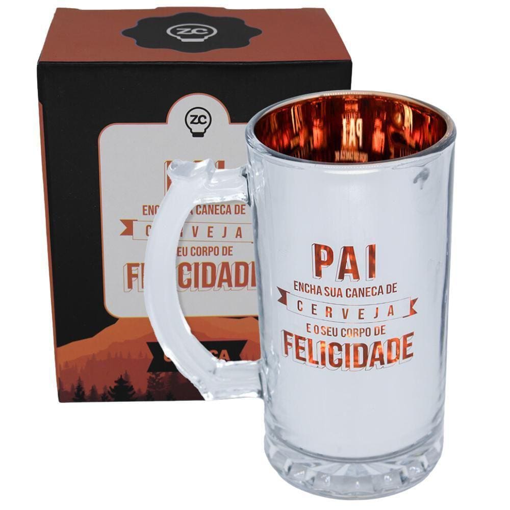 Caneca Chopp Frase Pai Felicidade Vidro Eletrostática 450Ml