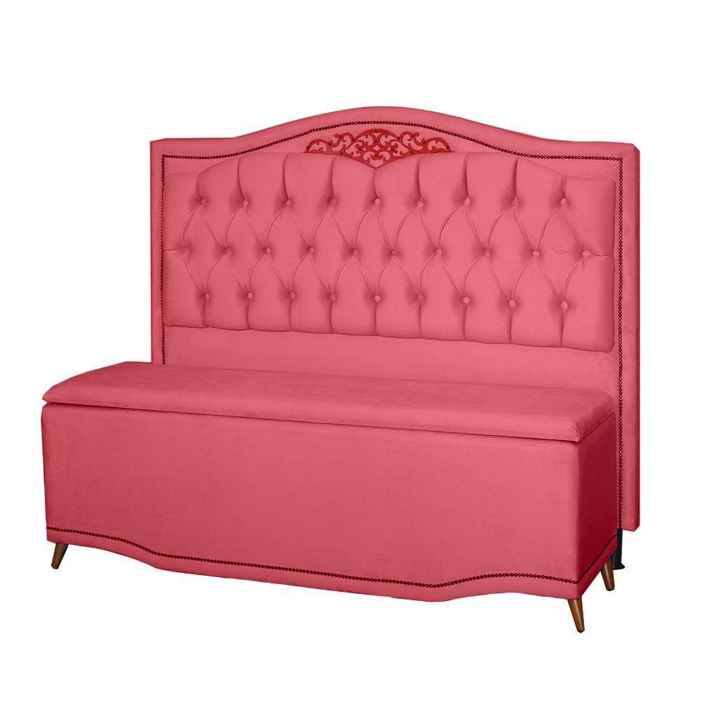 Kit Cabeceira e Calçadeira Baú Maitê Casal 140cm Veludo Rosê - Montanaris Decor