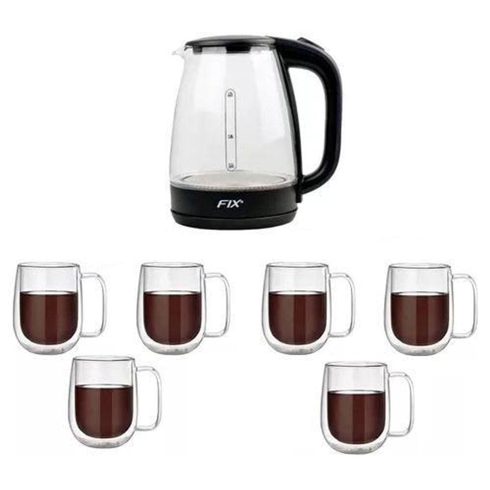 Chaleira + 6 Canecas Vidro Transparente 1,8L/260ml