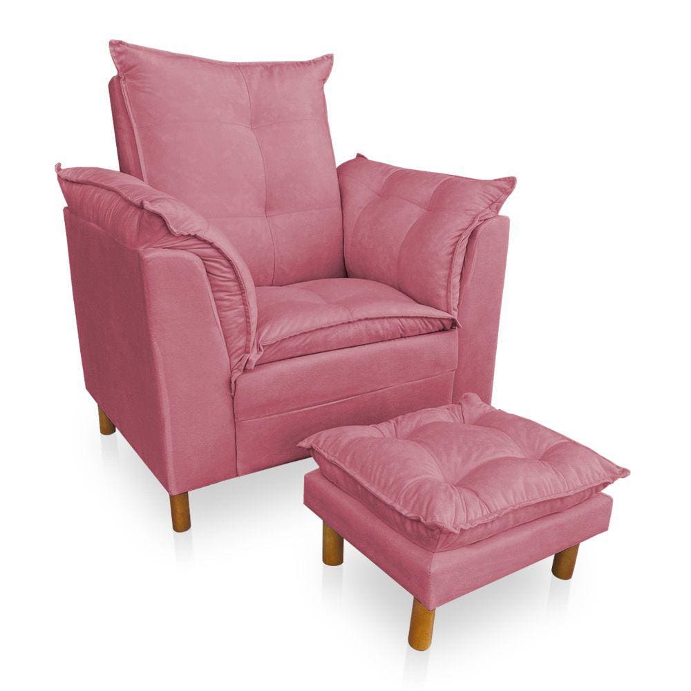 Poltrona de Amamentação com Puff Laura Veludo Rosa - Pallazio