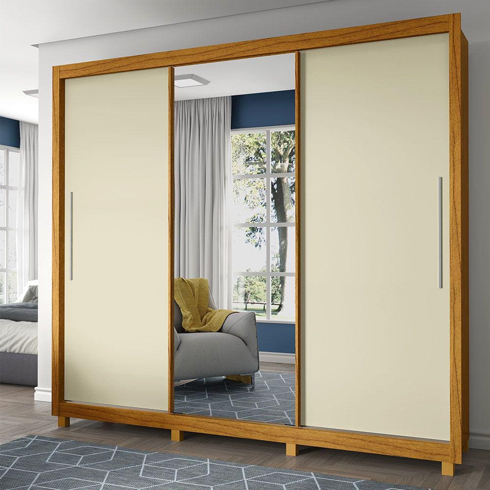 Guarda Roupa Casal 3 Portas 1 Porta Espelho Kit Pé Royale Naturale - Gelius