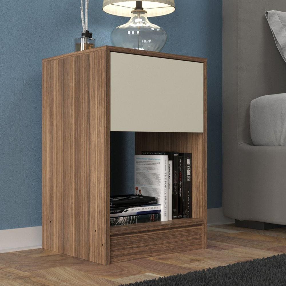 Mesa de Cabeceira Bravo com Gaveta e Nicho Castanho/OffWhite