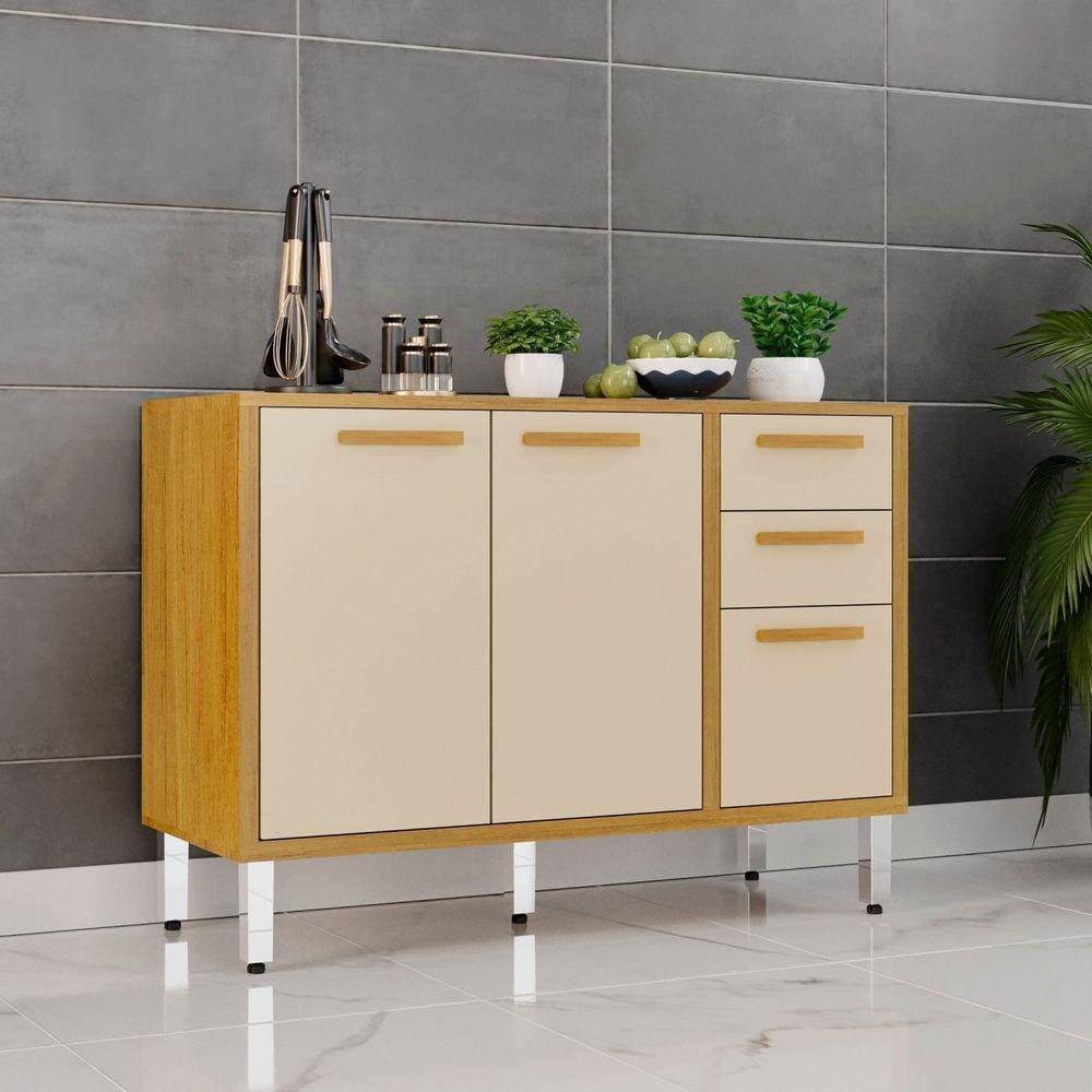 Balcão para Cozinha 2 Portas 3 Gavetas Isis Cinamomo/Off White