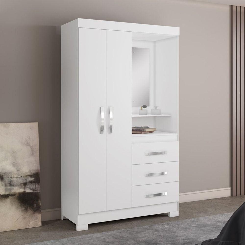 Guarda-roupa Nt 5170 Capelinha Solteiro com Espelho e 3 Gavetas Branco New/Rosa