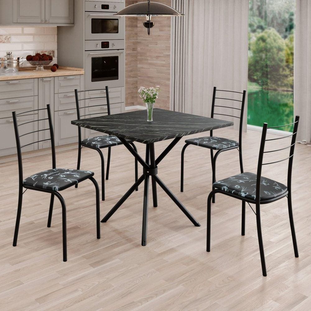 Conjunto Sala de Jantar Mesa Quadrada 70x70cm Tampo Madeira Mdp Indiana 4 Cadeiras Rio Preto Floral / Preto Fosco